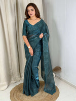 Thumbnail for Evanik Teal Glass Satin Jecquard Weaving With Thread Sequence Work Saree With Blouse - Distacart