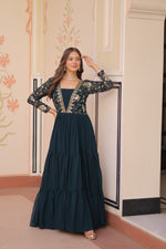 Thumbnail for Evanik Teal Faux Blooming With Sequins & Zari Embroidered work Gown