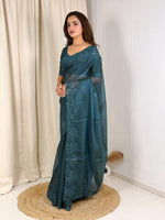 Thumbnail for Evanik Teal Glass Satin Jecquard Weaving With Thread Sequence Work Saree With Blouse - Distacart