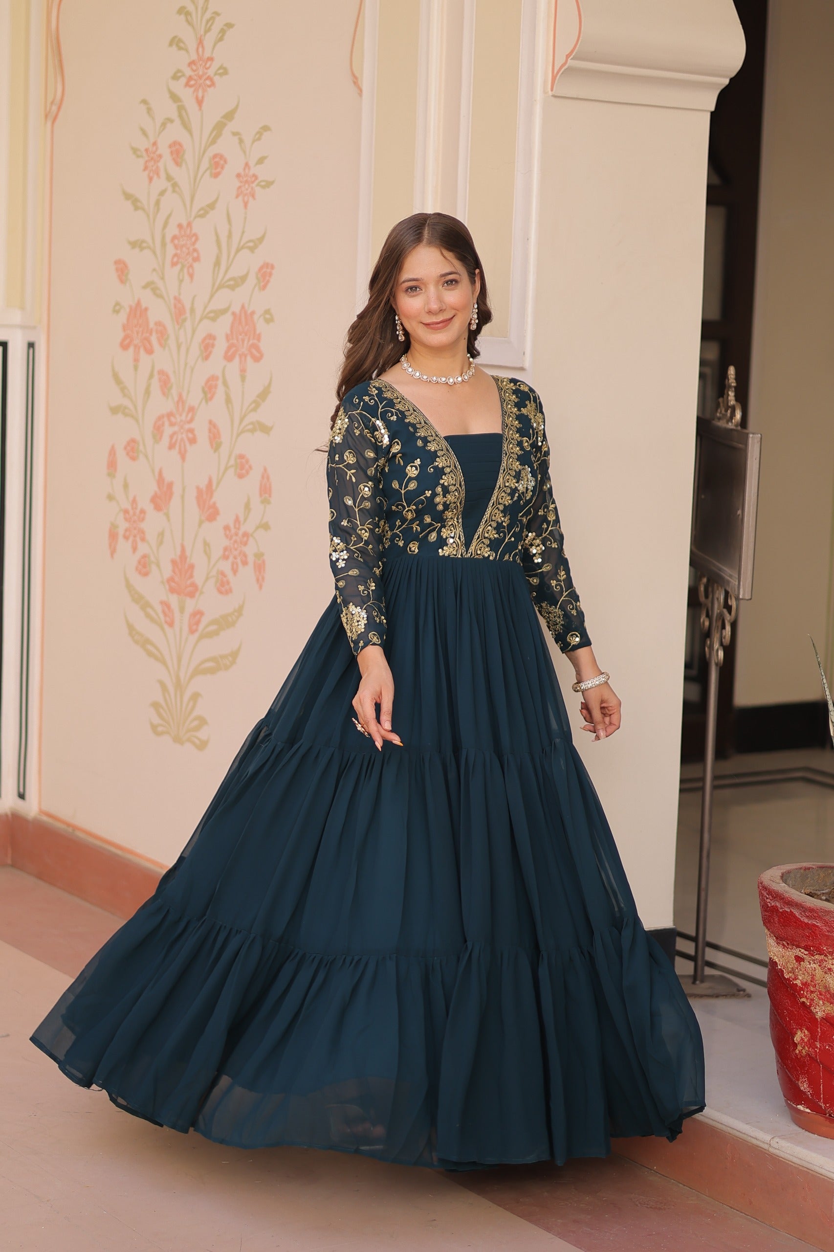 Evanik Teal Faux Blooming With Sequins & Zari Embroidered work Gown