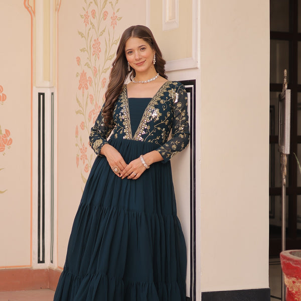 Evanik Teal Faux Blooming With Sequins & Zari Embroidered work Gown