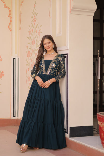 Evanik Teal Faux Blooming With Sequins & Zari Embroidered work Gown