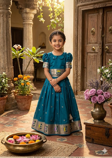 Evanik Blue Soft Silk Paithani Design Zari Weaving Pavadai Lehenga Choli For Kids - Dista