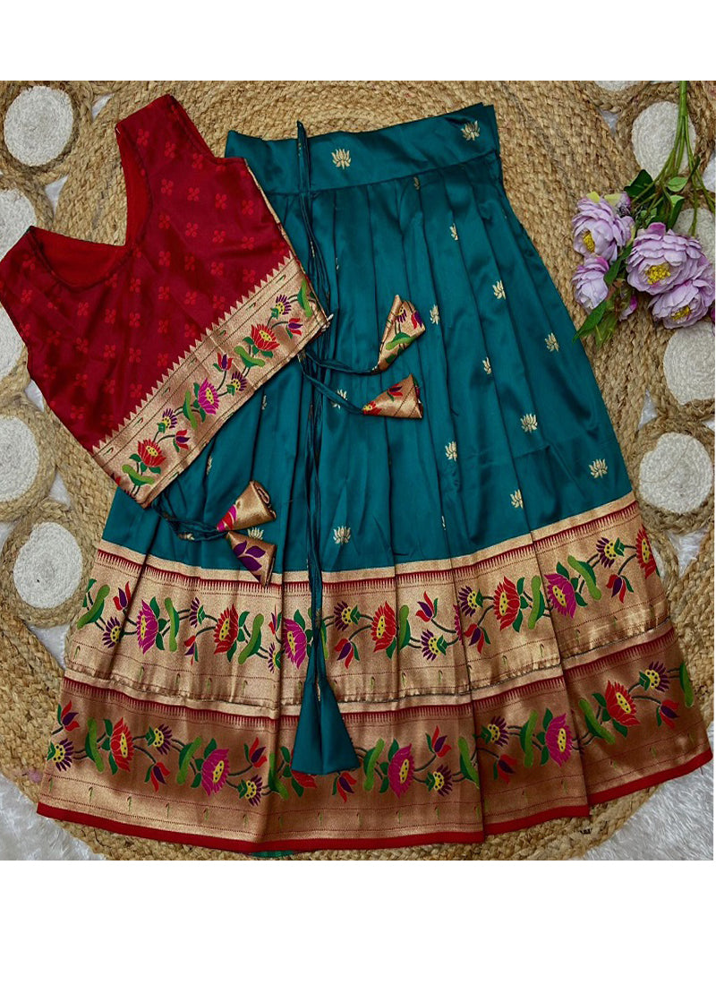 Evanik Blue Kids Paithani Silk Lotus Pattern Lehenga Choli - Dista