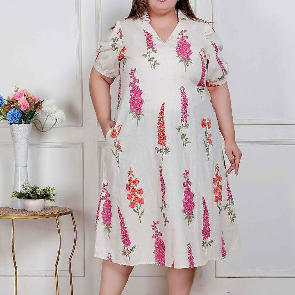 Miravan Plus Size Womens Off White Flower Printed Cotton Flex Maxi Dress