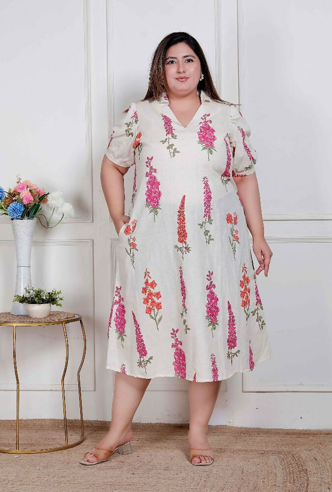 Miravan Plus Size Womens Off White Flower Printed Cotton Flex Maxi Dress