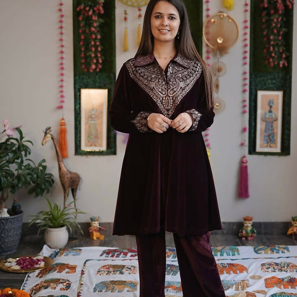 Vastranavya Purple Velvet Sequence Embroidery Work Top With Palazzo