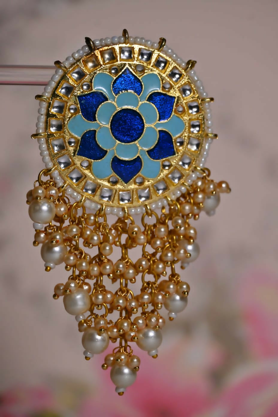 Blue Mandala Flower Hand Painted Bridal Earrings By House of Ree - Distacart