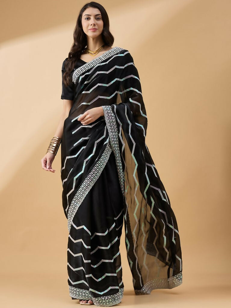 Black Tissue Slub Embroidered Saree with Unstitched Blouse - Vairagi - Distacart