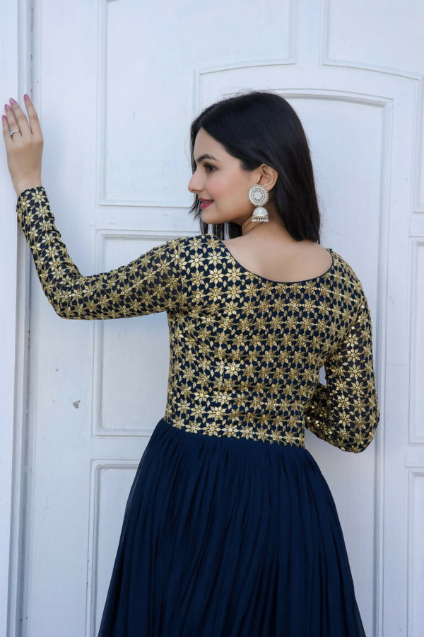 Jyoti Fashion Women's Navy Blue Sequence Zari Embroidered Faux Blooming Anarkali Dress - Distacart