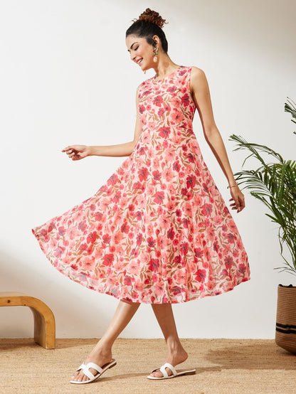 Janasya Peach Flared Georgette Dress - Dista