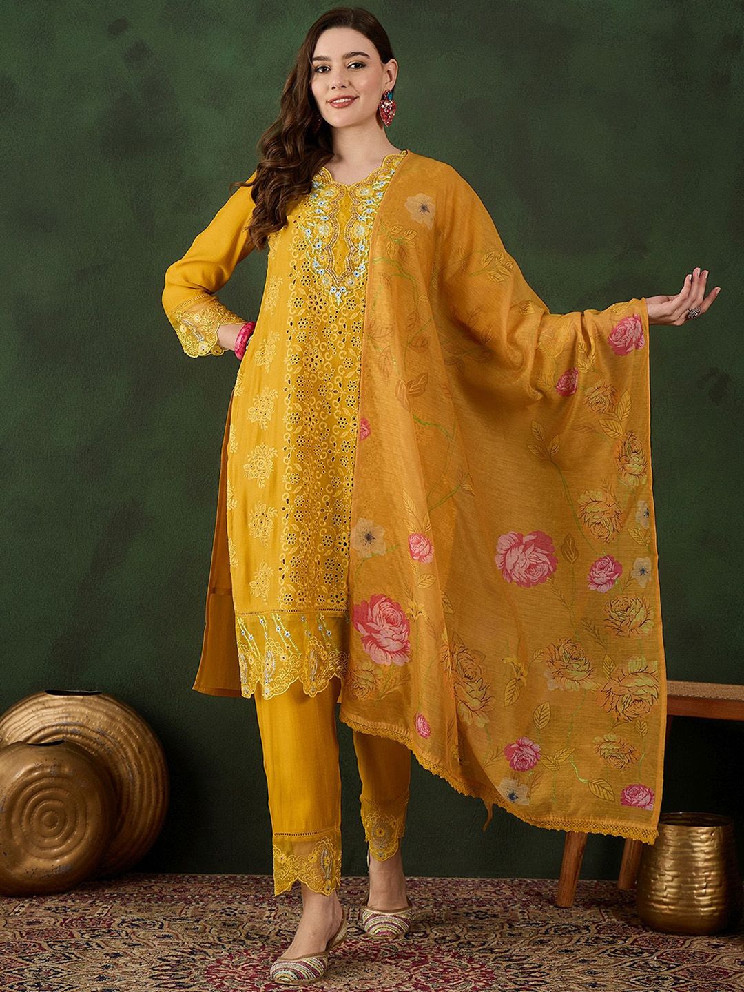 Sangria Embroidered Kurta With Trousers & dupatta - Distacart