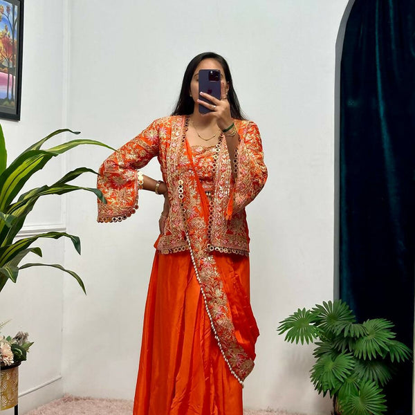 Teeya Creation Orange Color Chinon Silk Embroidery Work Ready To Wear Party Wear Saree With Koti - Distacart