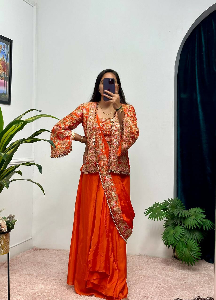 Teeya Creation Orange Color Chinon Silk Embroidery Work Ready To Wear Party Wear Saree With Koti - Distacart
