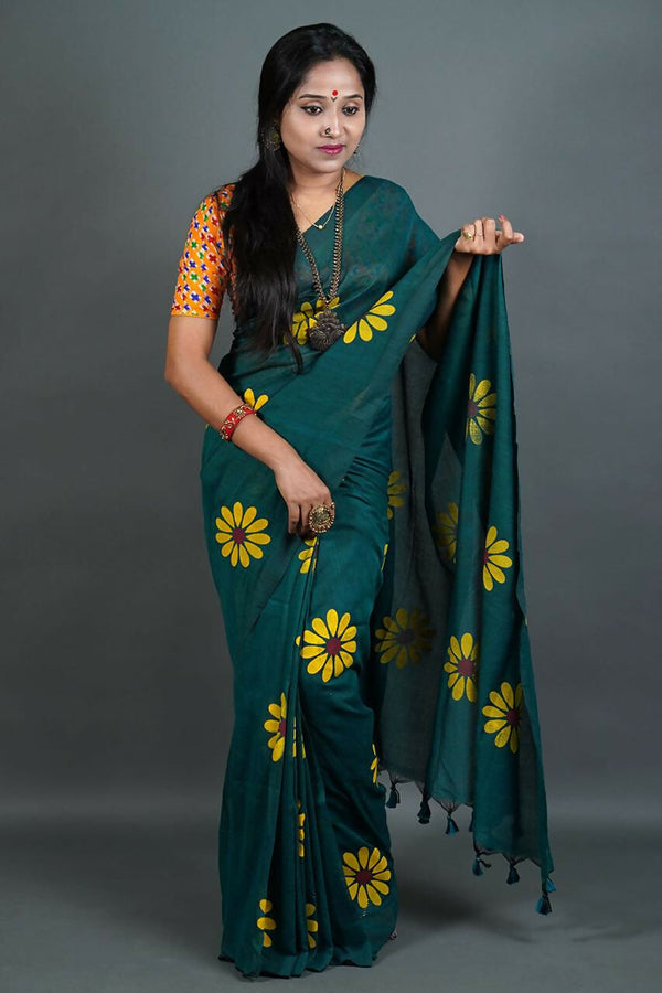Exclusive Collection Green Pure Cotton Saree With Sunflower Design