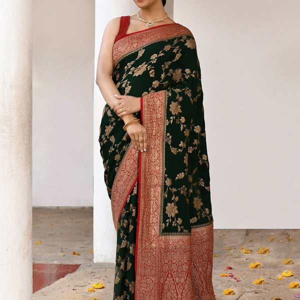 Joban Fashion Green Crepe Chiffon Pure Handloom Banarasi Silk Saree