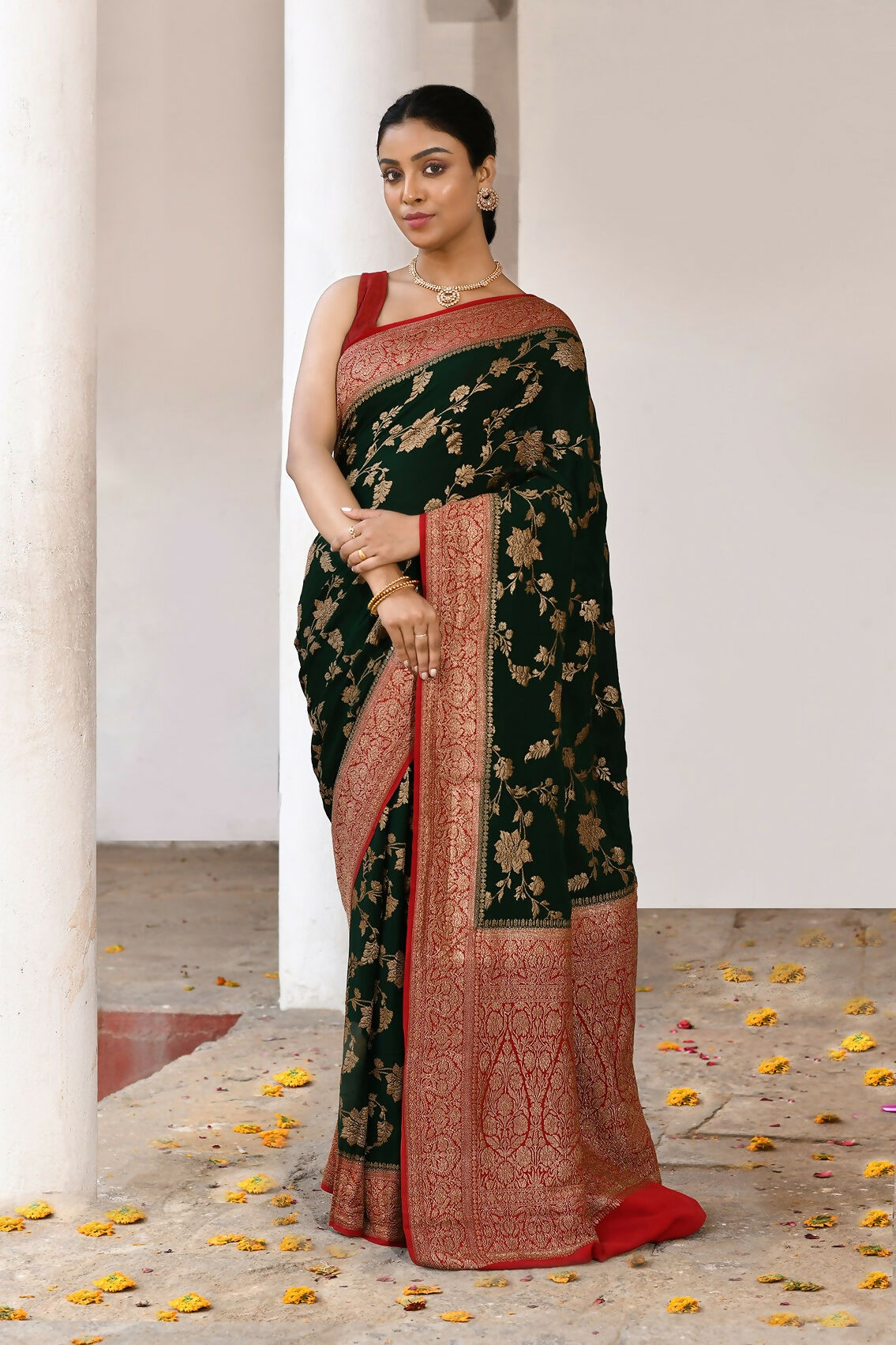 Joban Fashion Green Crepe Chiffon Pure Handloom Banarasi Silk Saree - Dista