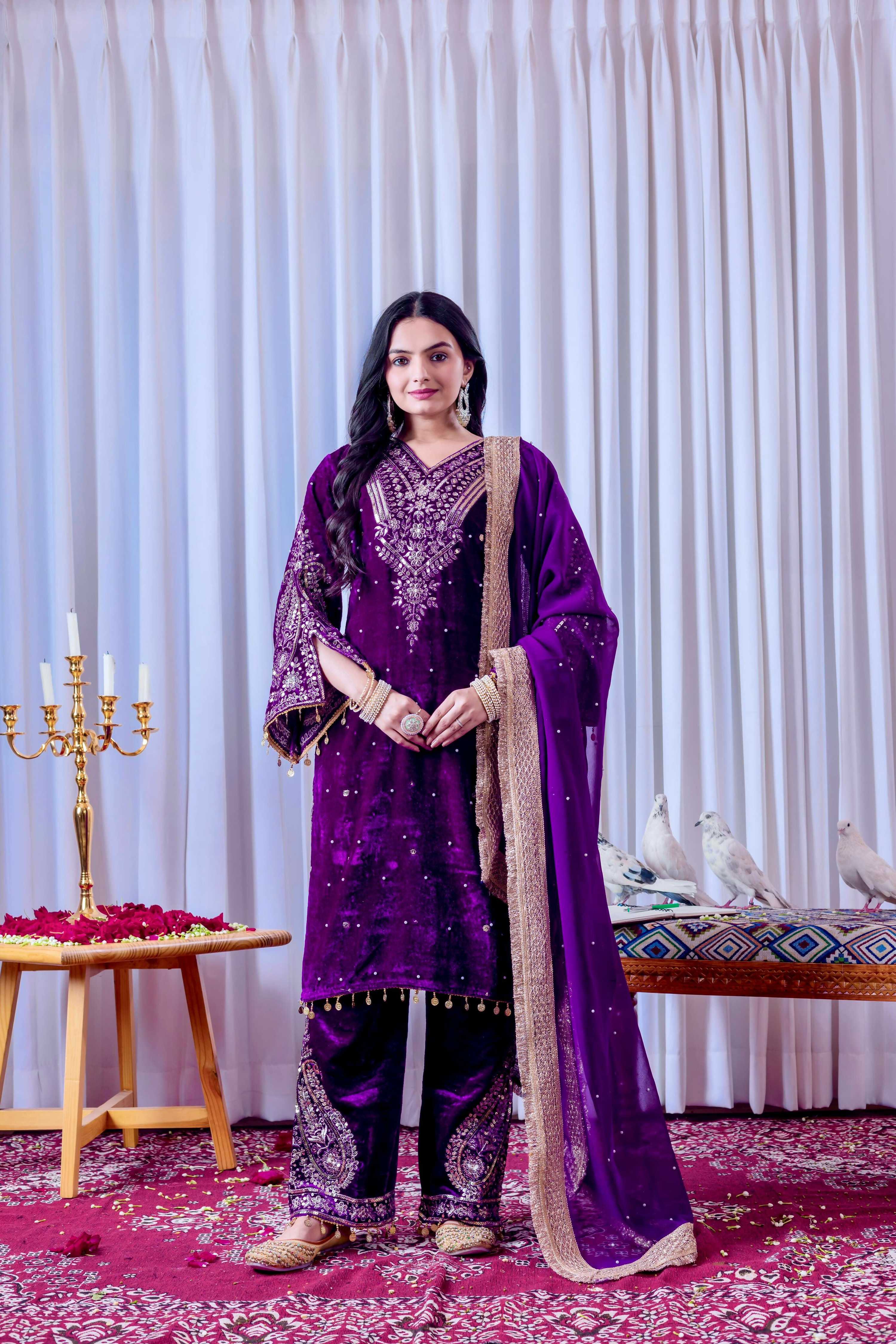 Joban Fashion Royal Purple Velvet Embroidery Kurta Set - Distacart