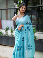 Thumbnail for Prime Volt Women's Sky Blue Floral Digital Print Soft Linen Saree With Blouse - Distacart