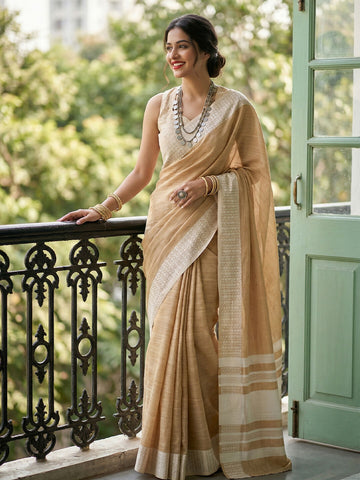 Shree Shyam Fashion Mustard Yellow Linen Saree - Distacart