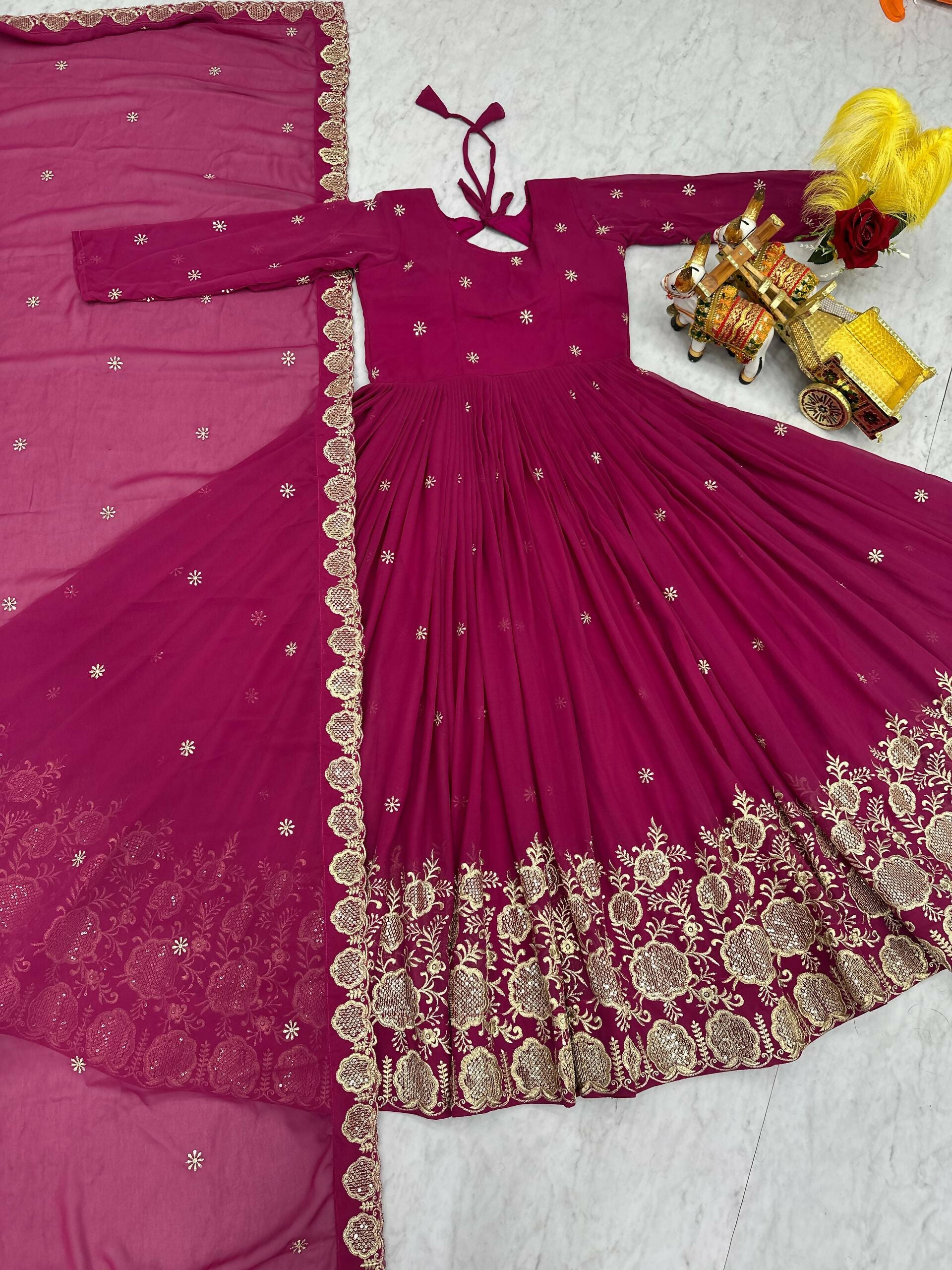Teeya Creation Womens Wedding Wear Heavy Sequence Embroidery Work Pink Gown Set - Dista