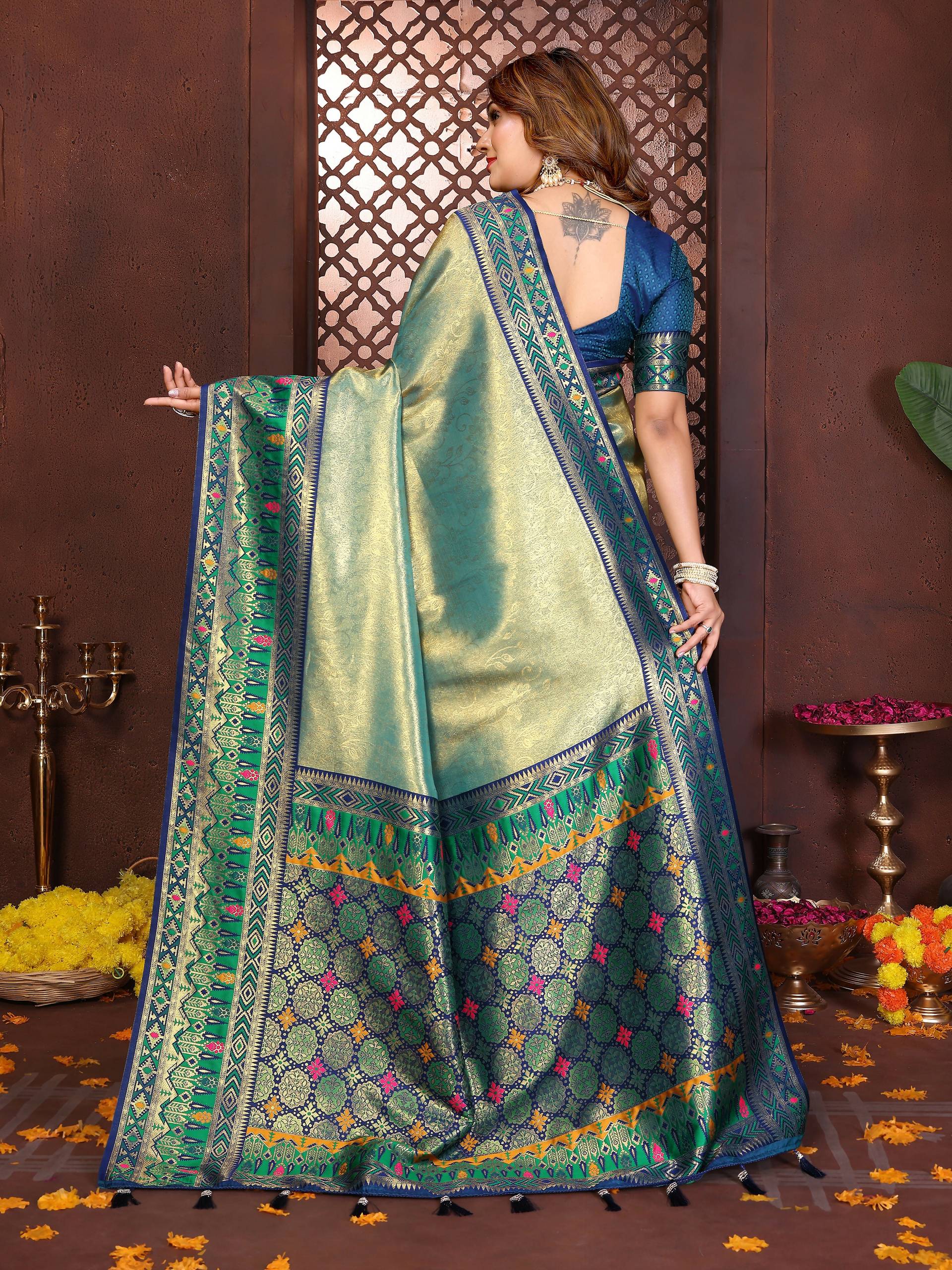 Aastha Fashion Sea Green Tissue Silk Weaving Saree - Distacart