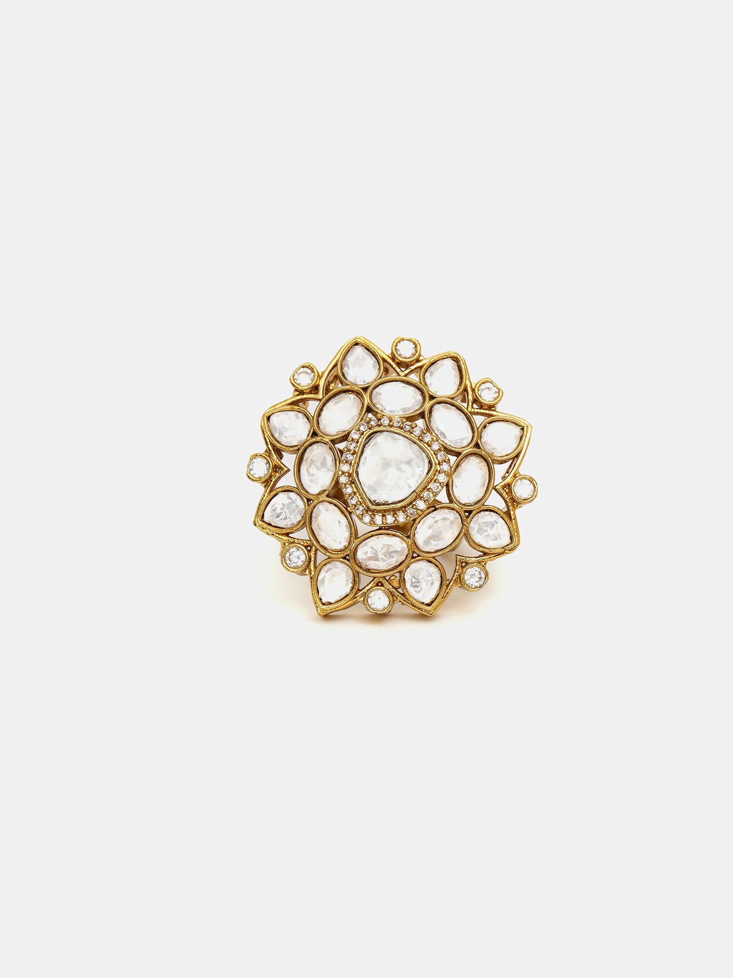 Ruby Raang Traditional Gold Polished White Kundan Ring