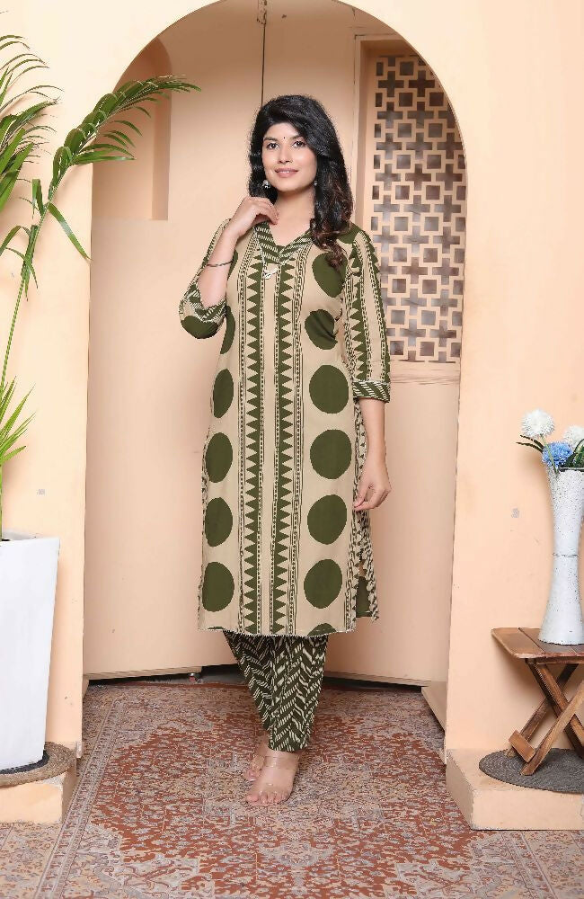 Miravan Womens Straight Polka Dot Printed Green Kurta With Palazzo