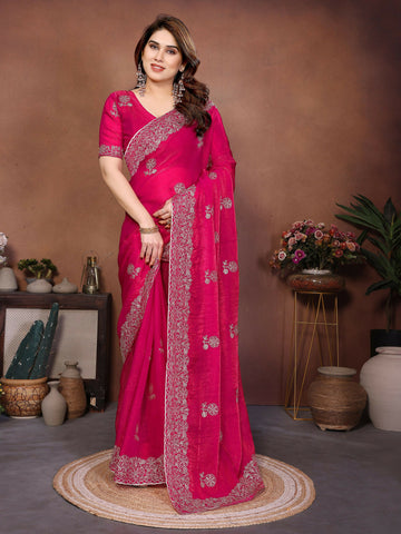 Teeya Creation New Trendy Party Wear Soft Satin Chiffon Saree-Pink - Dista