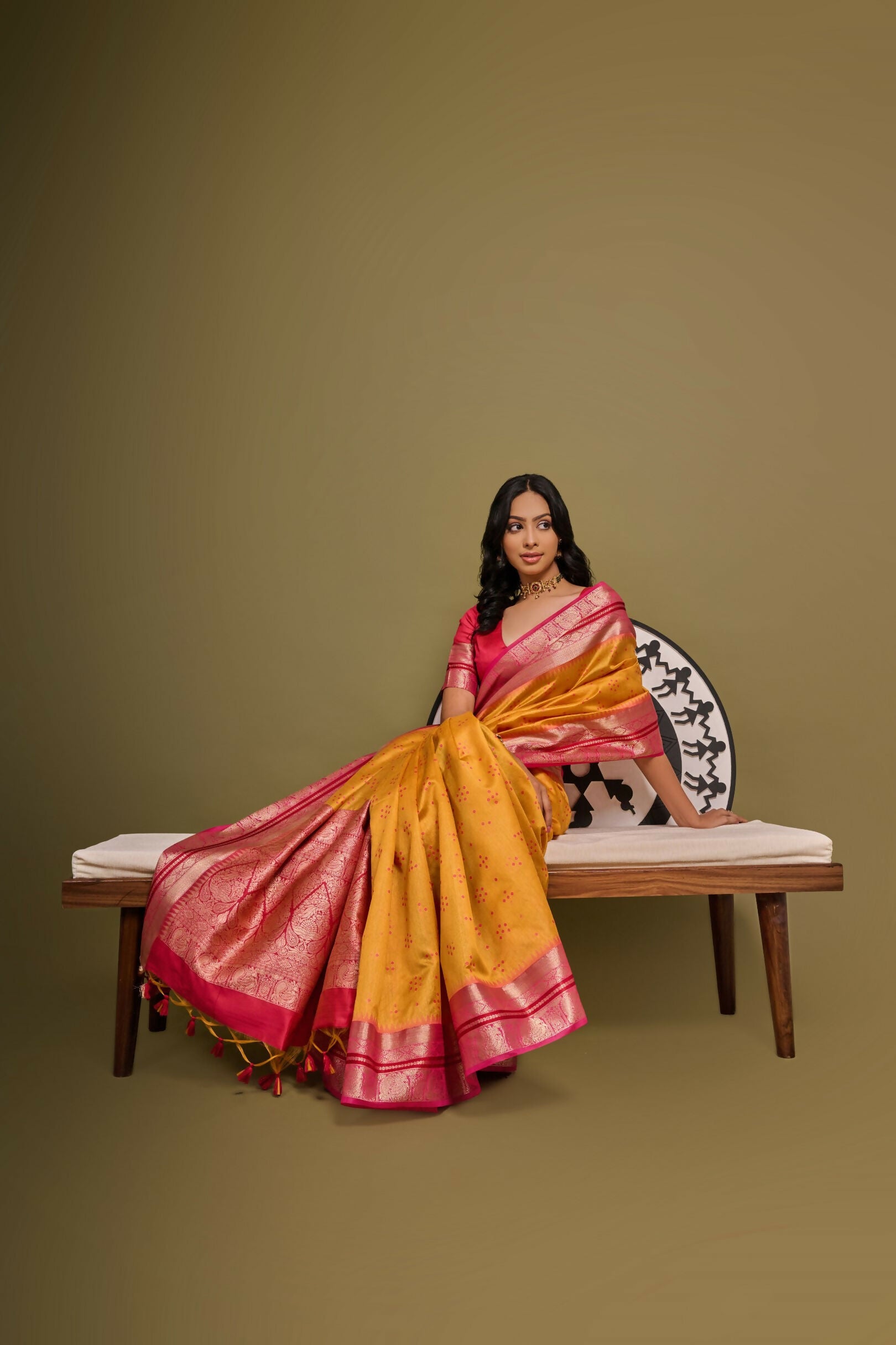Vishnu Weaves Women's Mustard Raw Silk Zari Woven Saree with Blouse - Distacart