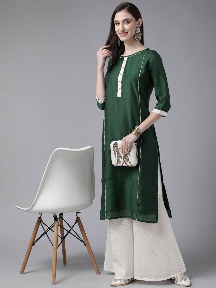 Ahalyaa Women Dark Green Plain Chanderi Kurta with Sharara Set - Distacart