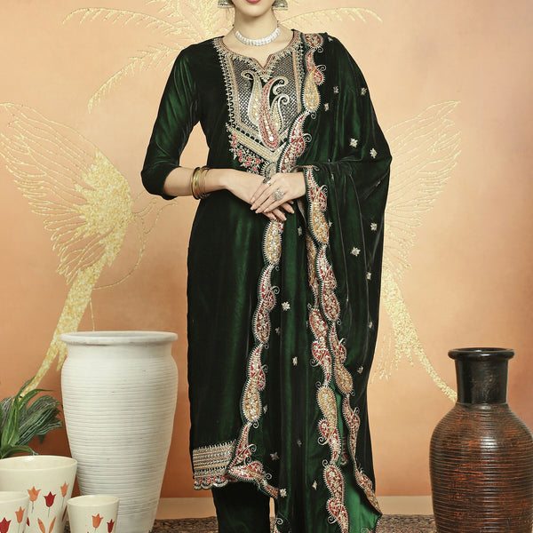 Jyoti Fashion Women's Green Velvet Cording with Resham Thread & Sequin Kurta with Trouser & Dupatta - Distacart