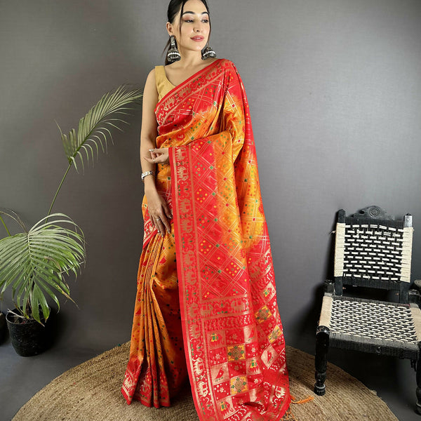 Joban Fashion Yellow And Red Geometric Pattern Soft Silk Patola Saree - Distacart