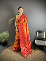 Thumbnail for Joban Fashion Yellow And Red Geometric Pattern Soft Silk Patola Saree - Distacart
