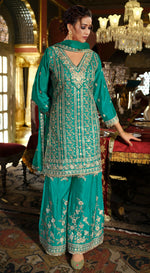 Thumbnail for Anaita Turquoise Chinon Stitched Suit with Embroidery Codding Sequence Work - Distacart