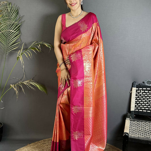 Joban Fashion Orange Intricate Zari Weaving Soft Silk Dharmavaram Saree - Dista