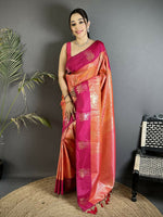 Thumbnail for Joban Fashion Orange Intricate Zari Weaving Soft Silk Dharmavaram Saree - Dista