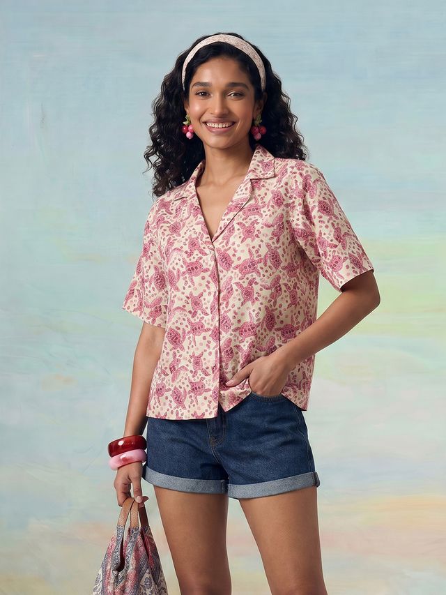 Janasya Cream Shirt Cotton Top - Dista