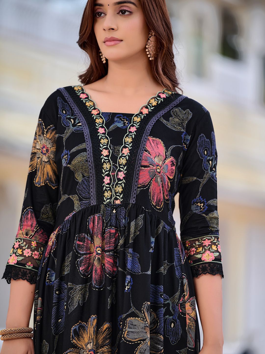 Kalini Floral Printed V-Neck Thread Work Anarkali Kurta With Trousers & Dupatta - Distacart