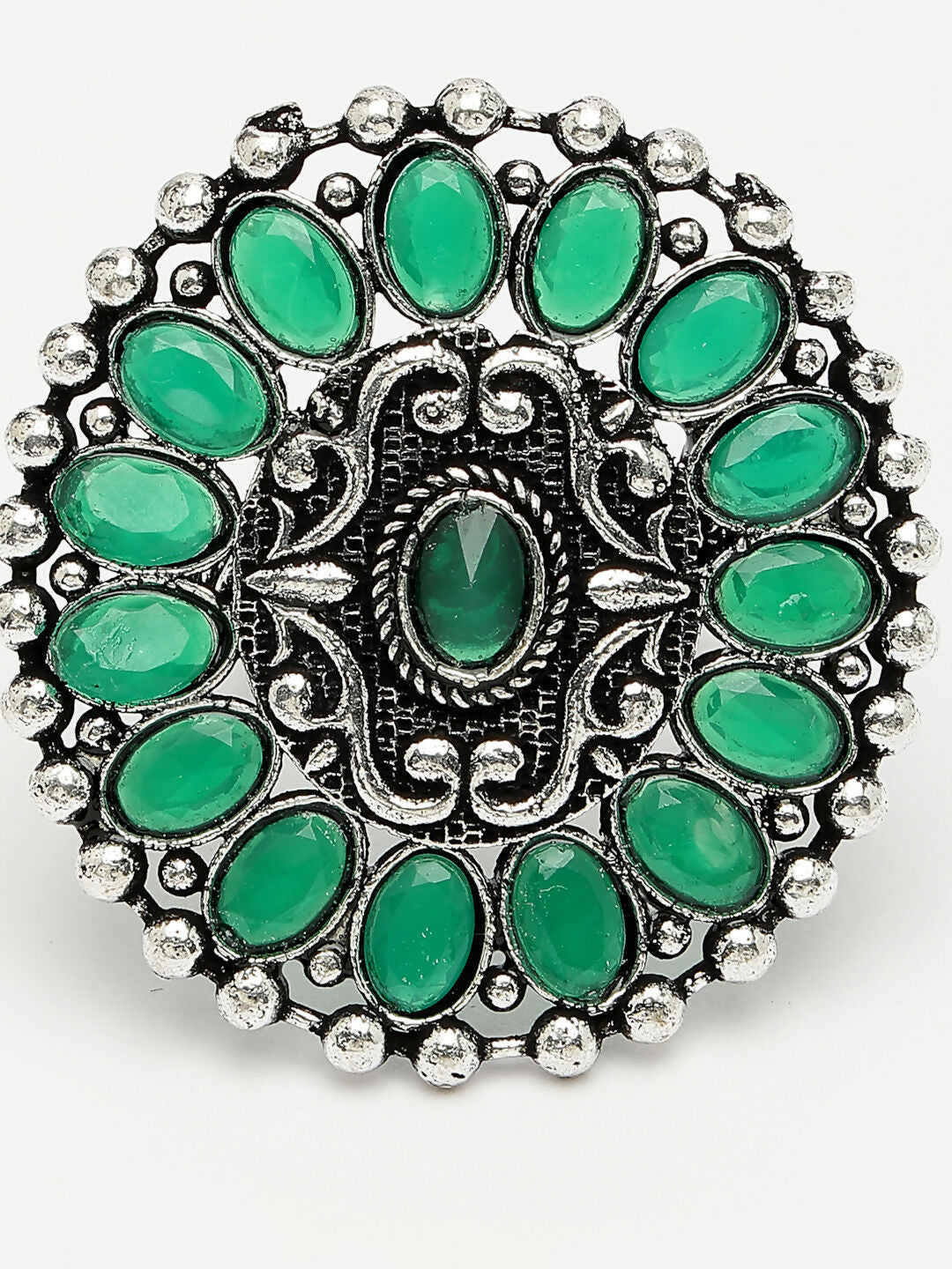 NVR Women's Green Silver-Plated Circular Shape Adjustable Finger Ring - Distacart