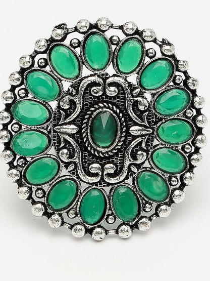 NVR Women's Green Silver-Plated Circular Shape Adjustable Finger Ring - Distacart
