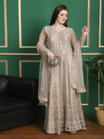 Thumbnail for Aastha Fashion Women's Beige Green Net Floral Cording with Sequin & Crystal work Anarkali Dress Set - Distacart