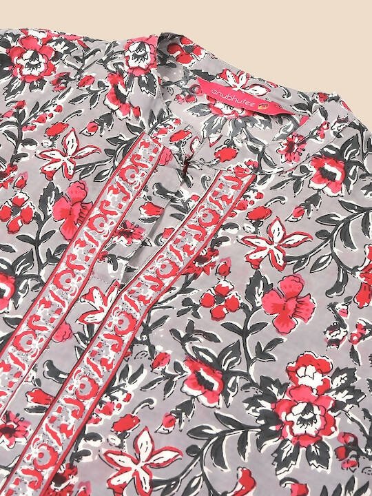 Anubhutee Women Grey & Pink Cotton Floral Kurta With Trousers & Dupatta - Distacart
