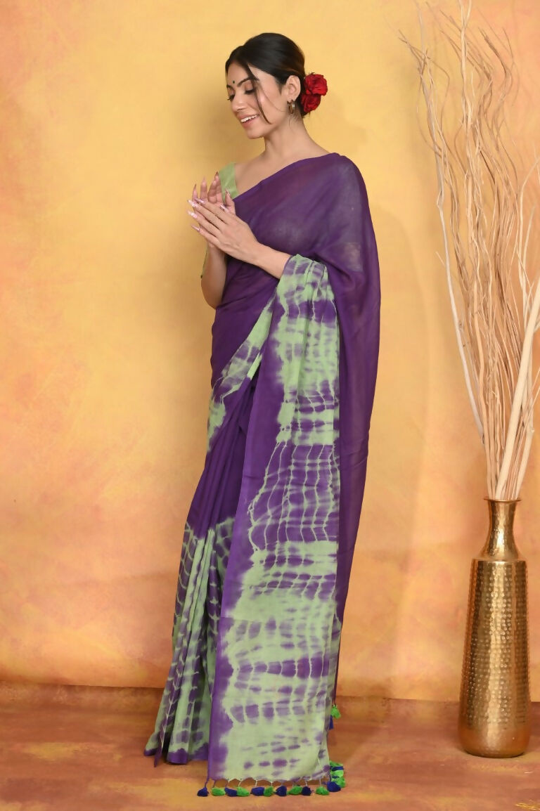 Very Much Indian Tie & Dye Handloom Mul Cotton Saree - Blue Green - Distacart