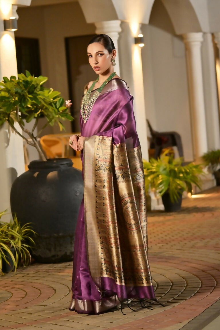 Vishnu Weaves Women's Wine Soft Tussar Silk Printed Saree with Blouse