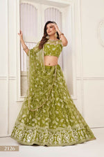 Thumbnail for Aastha Fashion Olive Green Butterfly Net White Cotton Thread Work And Sequence Work Embroidery Wedding Wear Lehenga Choli - Distacart