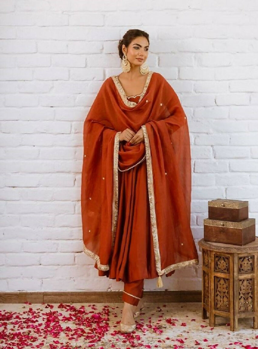 Teeya Creation Rust Orange Solid Anarkali Kurta With Pants And Dupatta Set - Dista