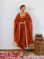 Thumbnail for Teeya Creation Rust Orange Solid Anarkali Kurta With Pants And Dupatta Set - Dista