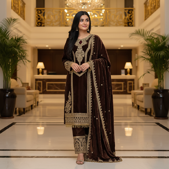 Teeya Creation Coffee Color Velvet Fabric Designer Embroidery Work Suit