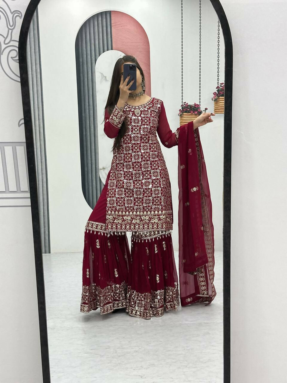 Teeya Creation Womens New Heavy Fox Georgette Fabric With Heavy Embroidery Work Red Kurta Set - Dista